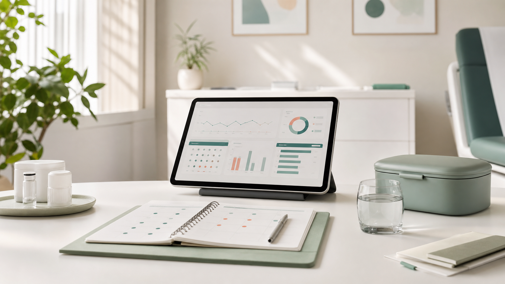 Panel clínico y calendario de seguimiento en una consulta luminosa