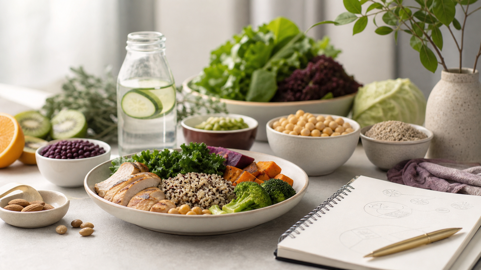 Plato equilibrado con proteína, fibra vegetal y agua en mesa clara