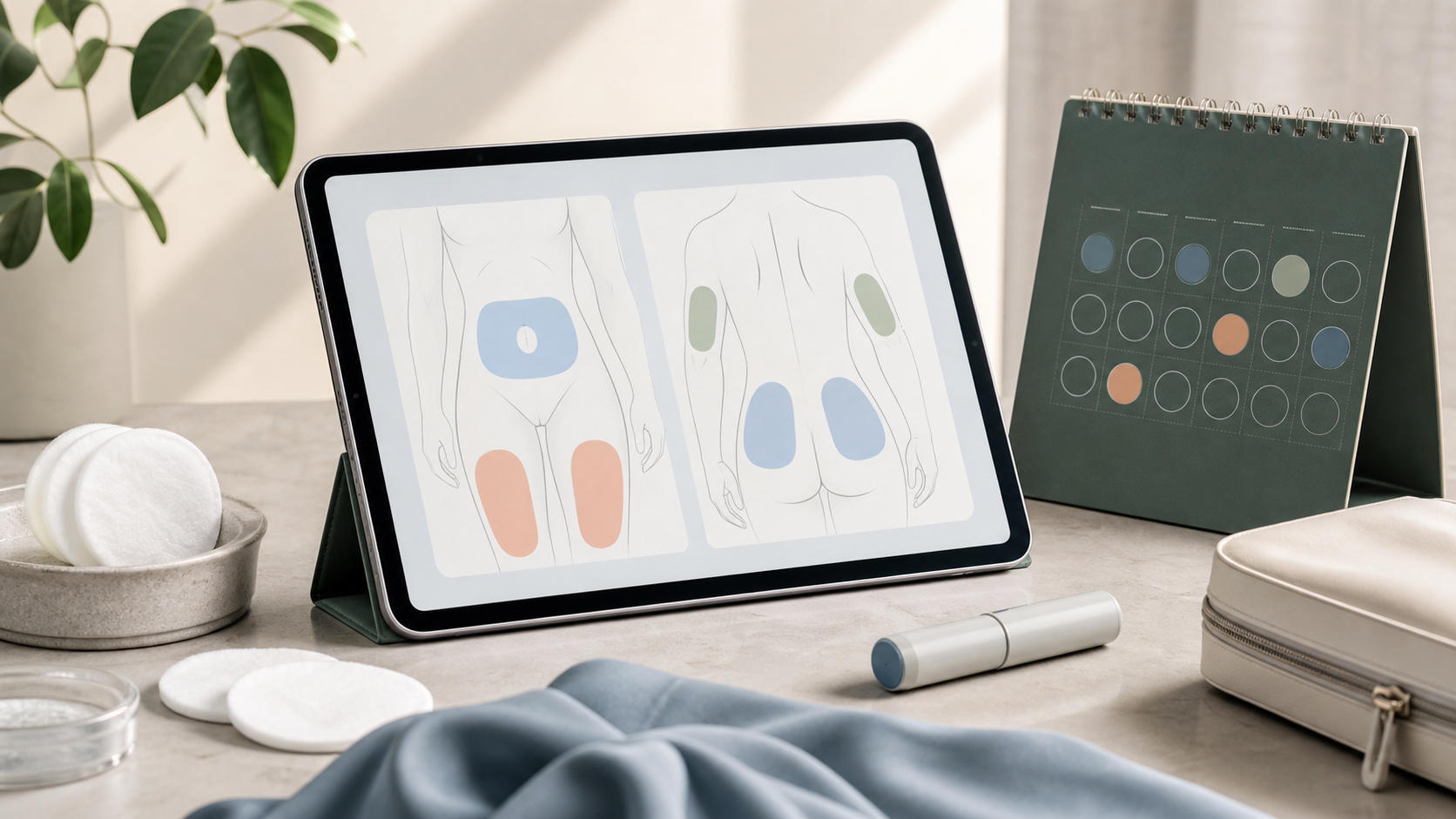 Tablet con mapa corporal de zonas de inyección y calendario clínico
