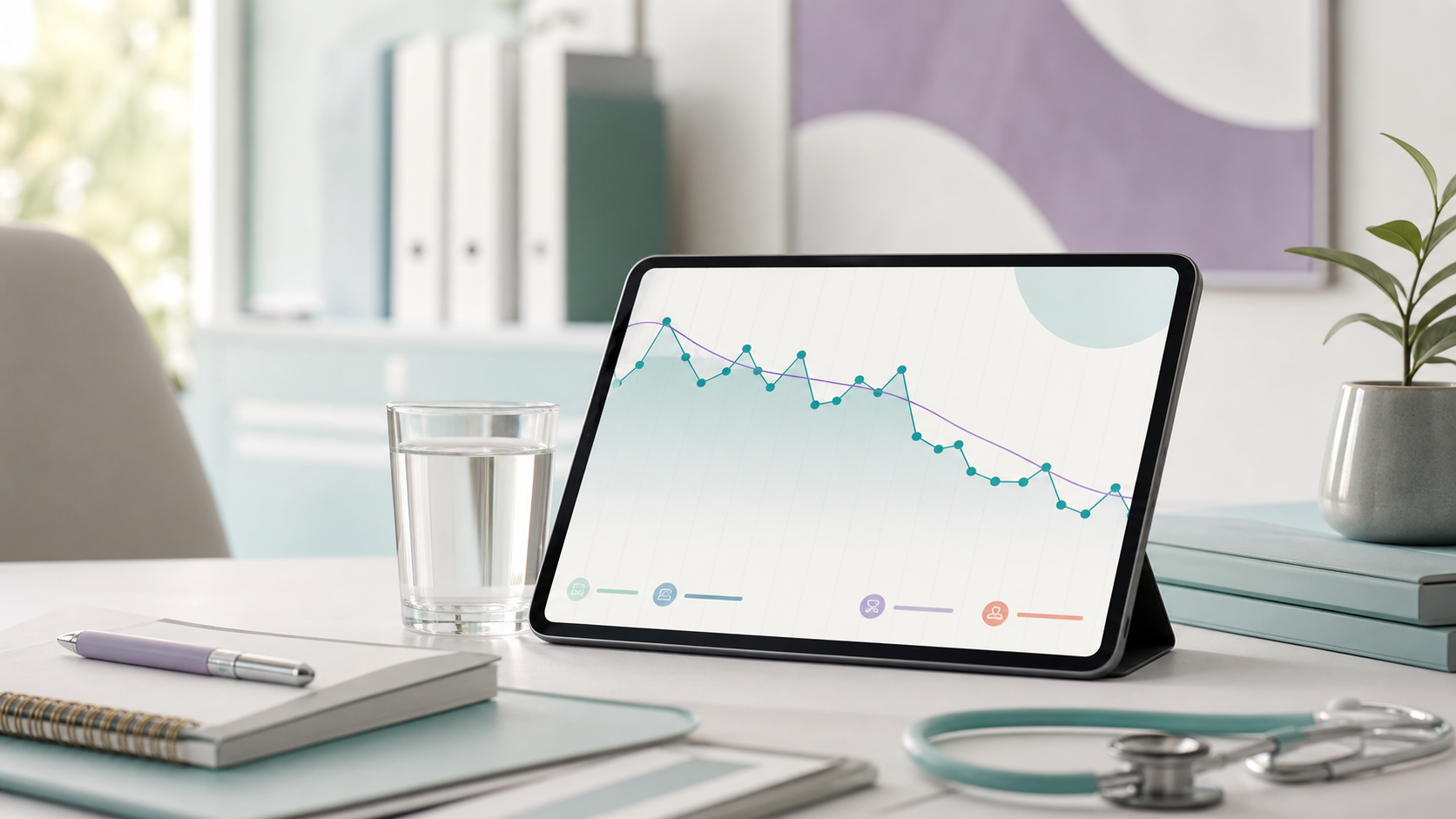 Tablet con gráfica de tendencia de peso en un entorno clínico